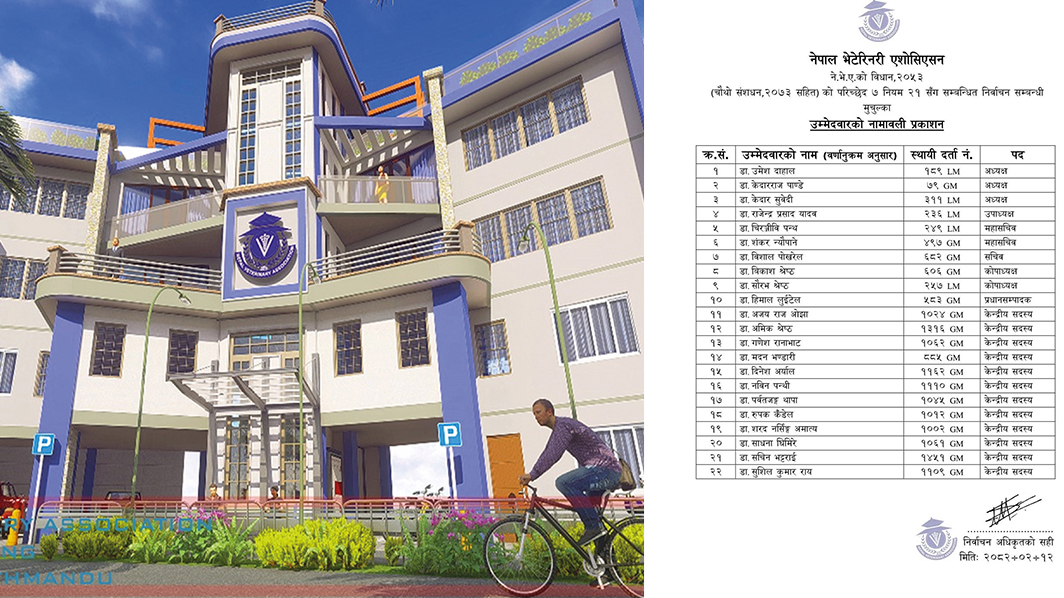 नेपाल भेटेरिनरी एशोसिएसनको निर्वाचन : १२ पदको लागी २२ जनाको उम्मेदवारी